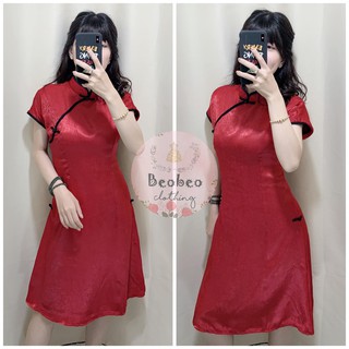 [Ảnh thật] Đầm sườn xám đỏ cổ tàu viền đen dễ thương