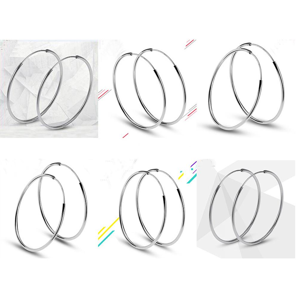 Bông Tai Hình Tròn Lớn Bằng Bạc 925 Chống Dị Ứng Kích Thước 30mm/40mm/50mm/60mm/70mm