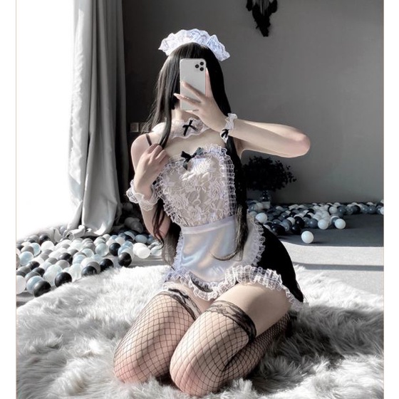 Bộ cosplay người hầu, maid ren đen trắng mềm mại, sexy có tạp dề