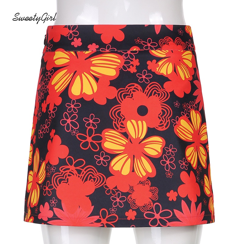 Chân Váy Mini Lưng Cao Phối Nút In Họa Tiết Hoa Màu Sắc Tương Phản Thời Trang Cho Nữ