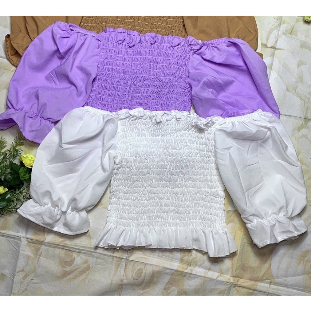 Áo peplum nhún chun trước sau trễ vai tay phồng lỡ chất kate khoe vai trần gợi cảm phong cách trẻ trung hấp dẫn NA