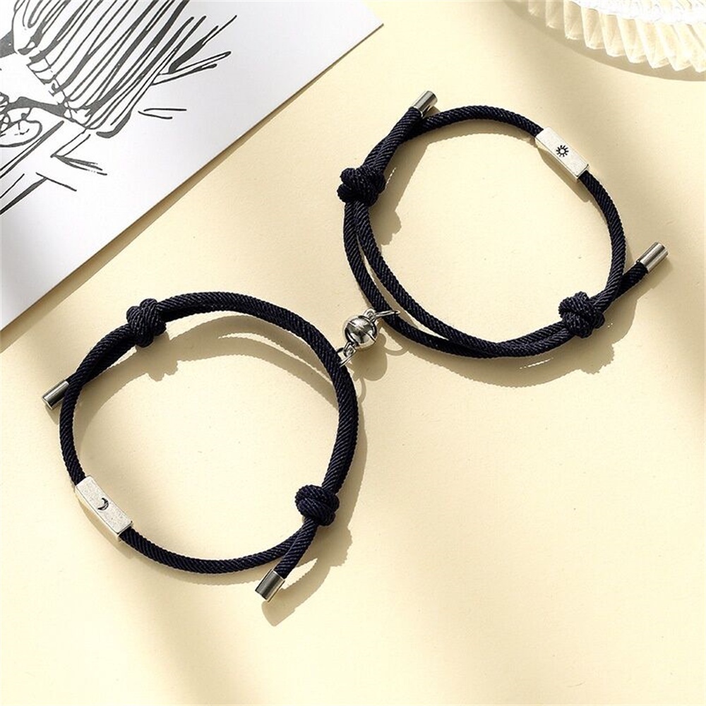 Bộ 2 Vòng Tay Dây Bện Màu Đỏ Mặt Trời/Mặt Trăng Hít Nam Châm Có Thể Điều Chỉnh Làm Thủ Công Cho Cặp Đôi