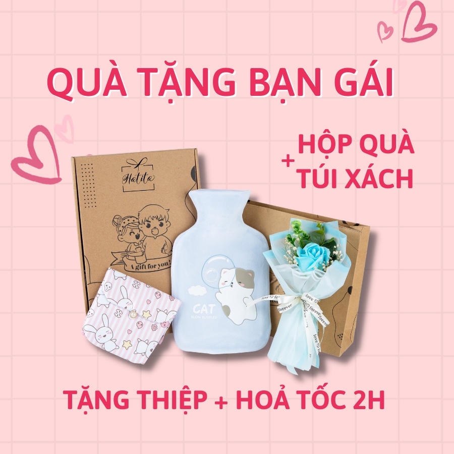 Túi chườm nóng đau bụng kinh Hatita Blue Cat Blow 1000ml sưởi ấm giữ nhiệt giảm đau bụng Quà tặng giáng sinh
