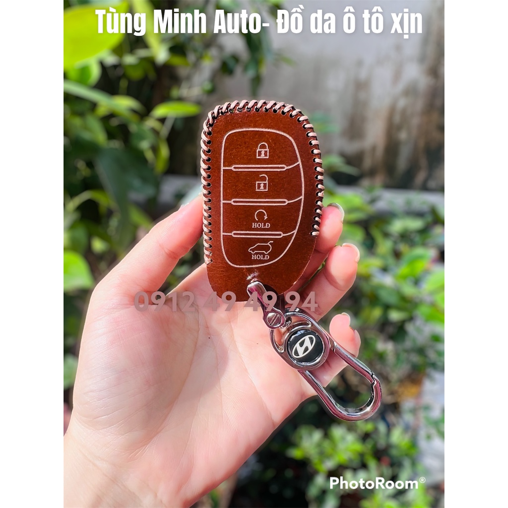 Bao da chìa khoá ô tô Huyndai Creta SMK 4 nút bấm da bò thật cao cấp khắc tên và số điện thoại chủ xe!