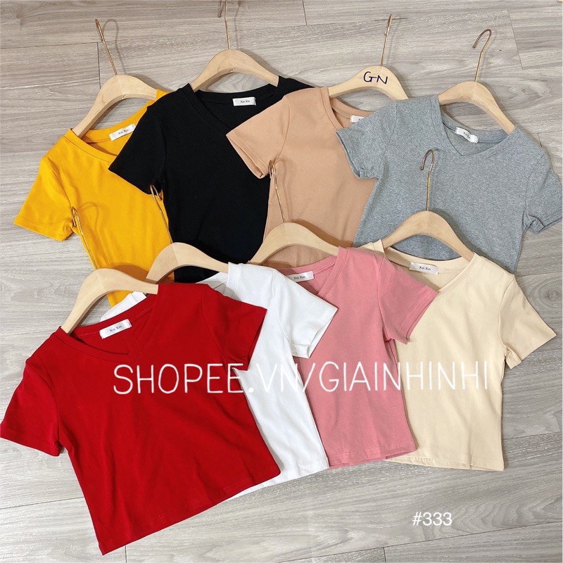 Áo thun cổ tim dáng Crop đơn giản, Áo phông tay cộc dáng ngắn vải cotton co giãn 4 chiều XX333 - NhiNhiShop