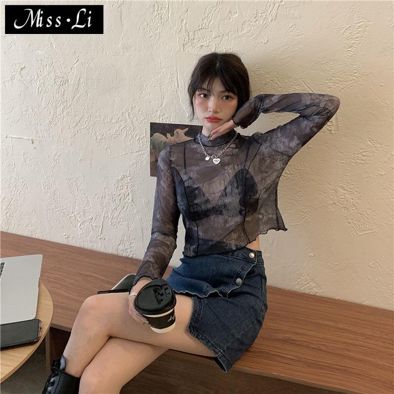 Áo Thun Mỏng Tay Dài Dáng Ngắn Phối Màu Nhuộm Thời Trang Mùa Hè Hàng Mới Cho Nữ 2022