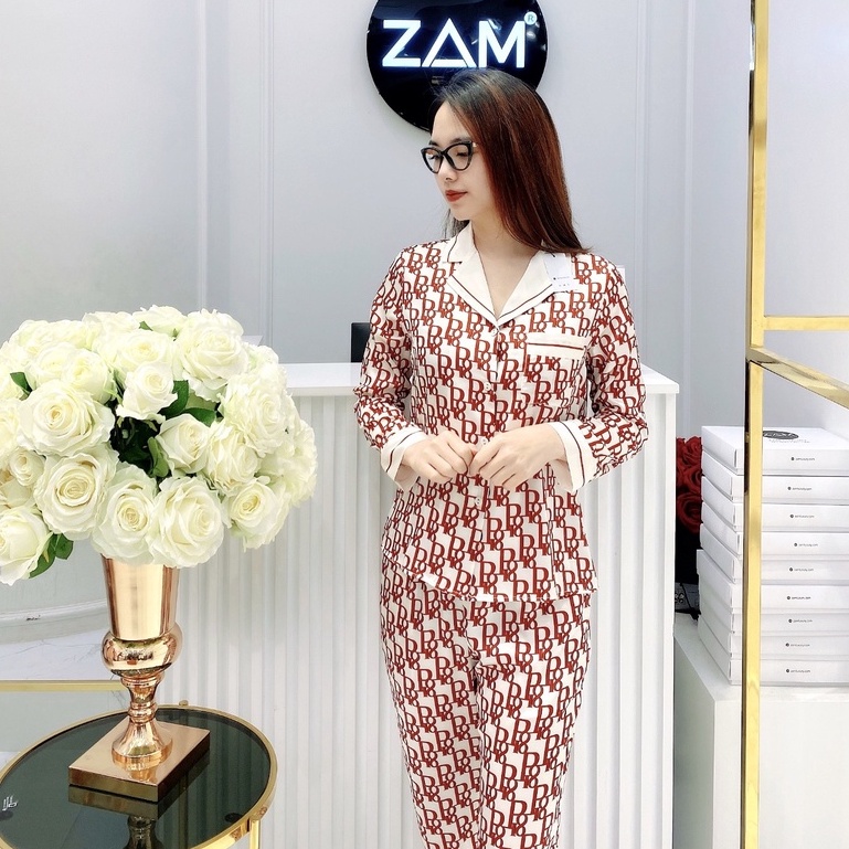 Bộ mặc nhà Pyjamas satin ZAM Luxury - DTA38 - Áo dài tay quần dài hoạ tiết