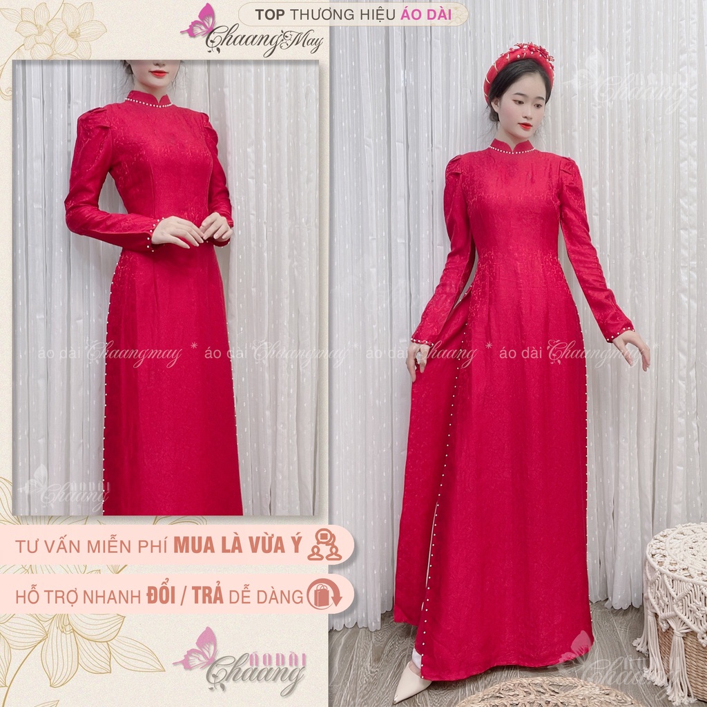 Áo dài cưới cô dâu tay vai bồng CHAANG May thiết kế Lụa Tơ Tằm đính ngọc cao cấp dự tiệc lễ tết đẹp
