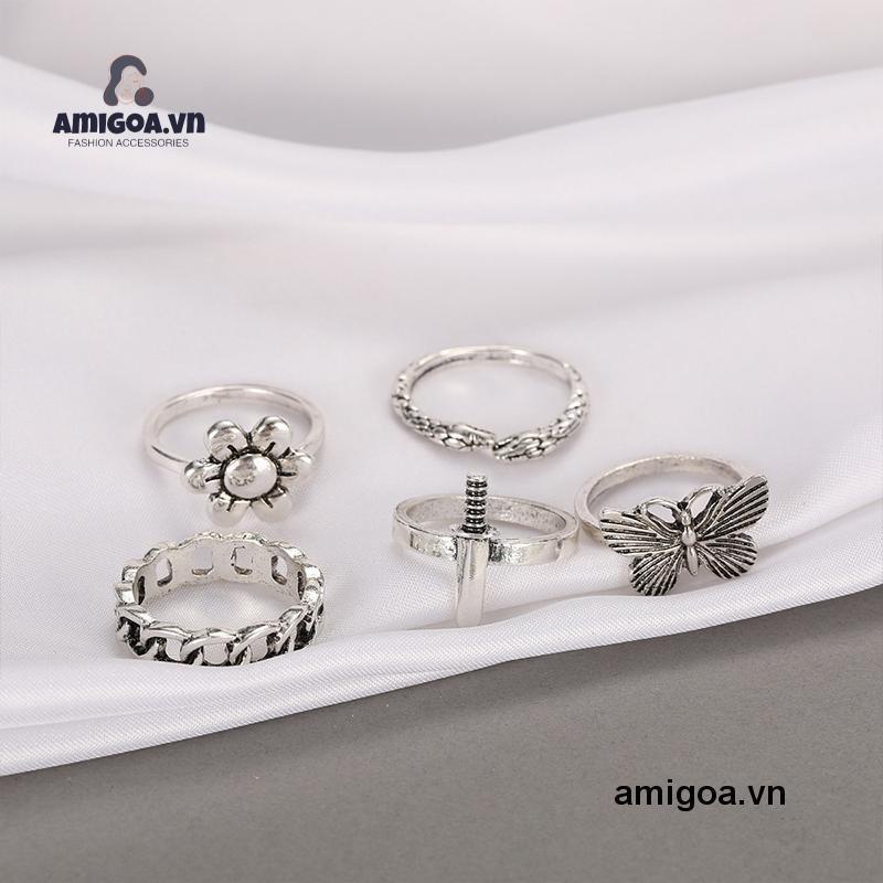 【amigoa.vn】 Set 5 Nhẫn Hình Rắn/Bướm/Cá Sấu Retro Đơn Giản Sáng Tạo Cho Nữ