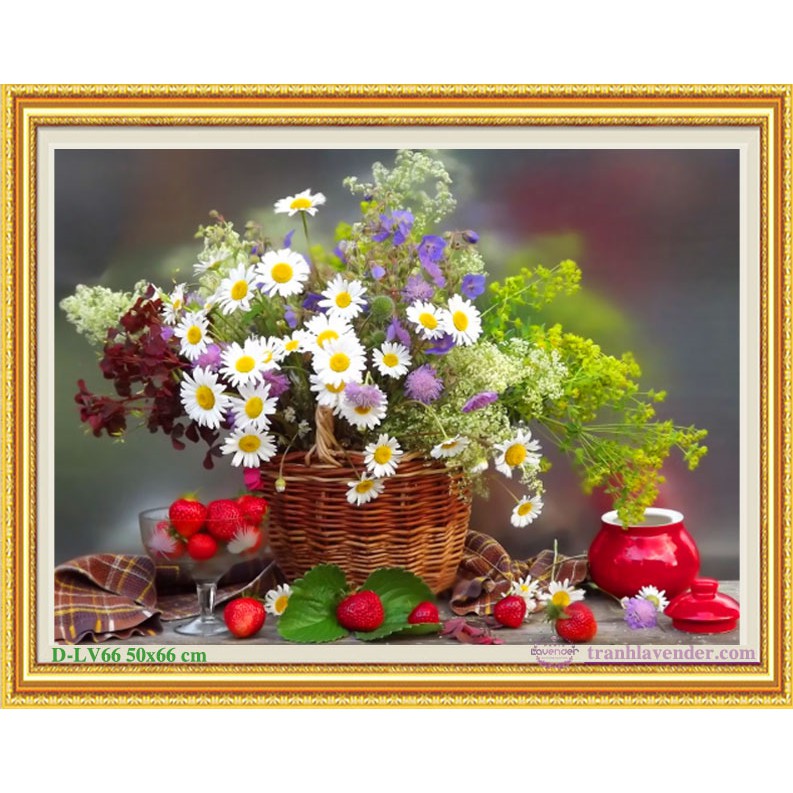 Tranh Đính Đá GIỎ HOA VÀ TRÁI CÂY (ĐÁ ABC CAO CẤP). Kích Thước: 66cm x 50cm