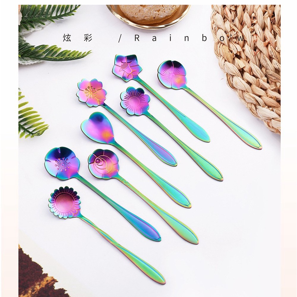 Muỗng khuấy đồ uống mạ vàng bằng thép không gỉ, thìa cà phê họa tiết hoa hồng hoa anh đào
