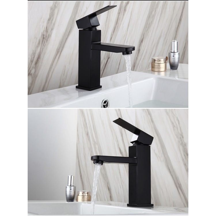 (Hàng mới về) Vòi Lavabo, vòi bồn rửa mặt nóng lạnh thân vuông inox 304 màu đen sang trọng cao 20cm - QM.VR023