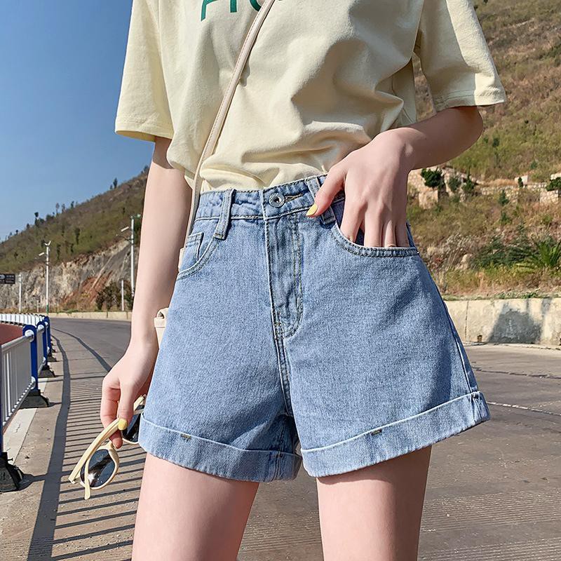 Mùa hè 2021 quần short denim rộng thùng thình phiên bản nữ Hàn Quốc với đường viền xoăn mỏng, quần dài sinh viên ống rộng thời thượng