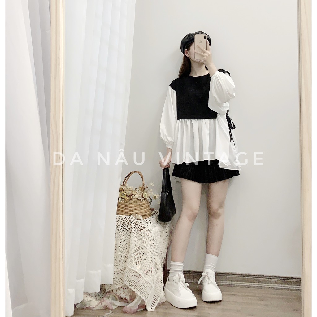 Áo kiểu nữ dáng Babydoll tay phồng tiểu thư phối đen trắng thắt dây eo – Da Nâu Vintage