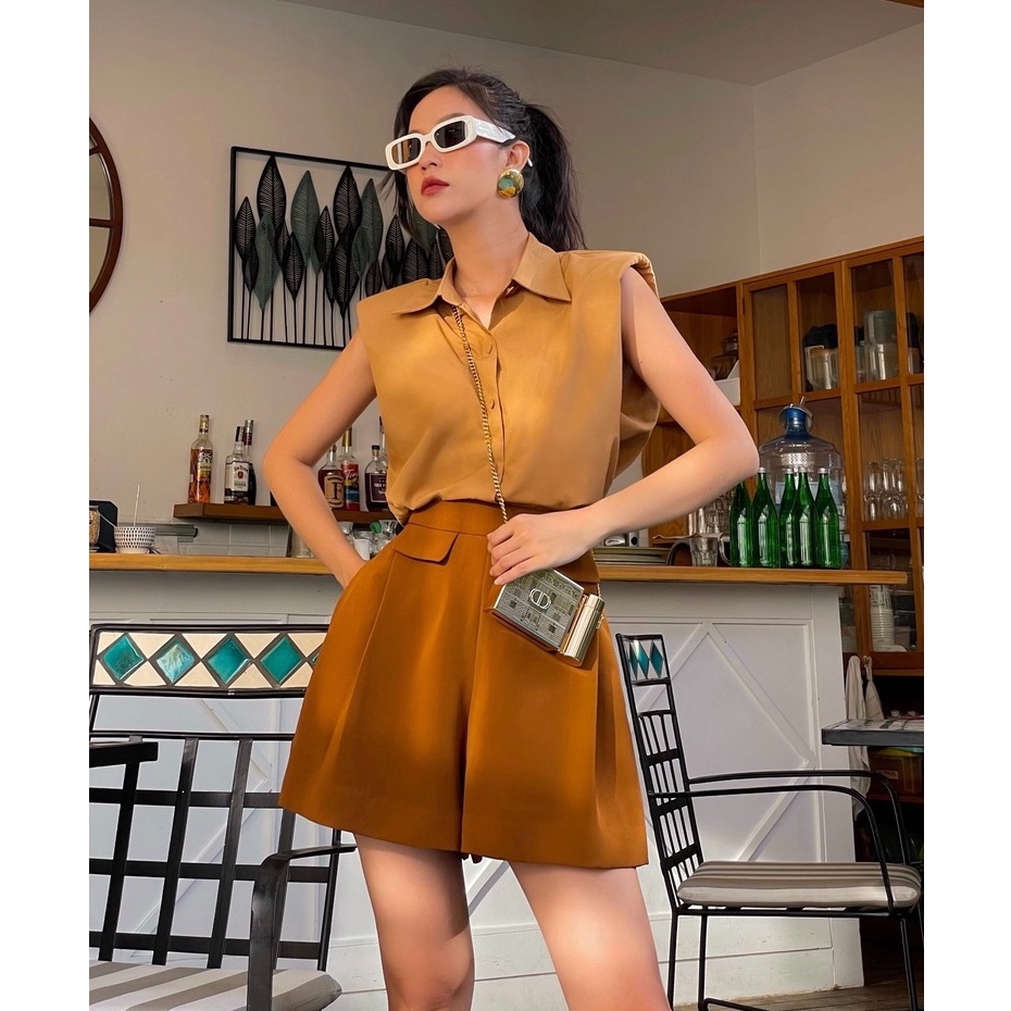 Set áo sơ mi cotton lụa và quần short baggy nâu HUONG BOUTIQUE HBSM985