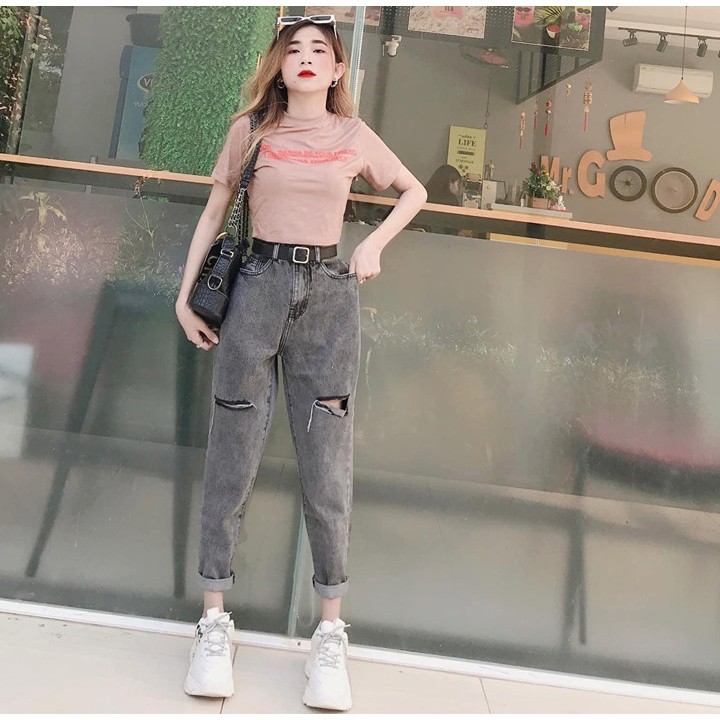 Quần baggy jeans xám khói rách đùi 2 bên cạp cao không giãn chất liệu vải bò- CM Shop