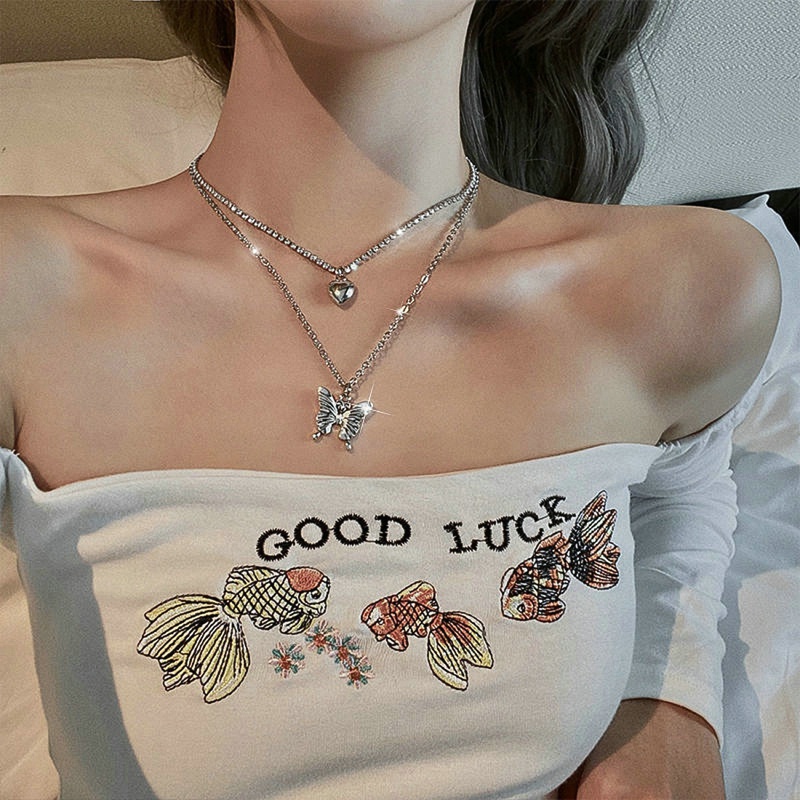Vòng Cổ Hai Lớp Mặt Hình Bướm Lấp Lánh Tinh Tế Cho Nữ