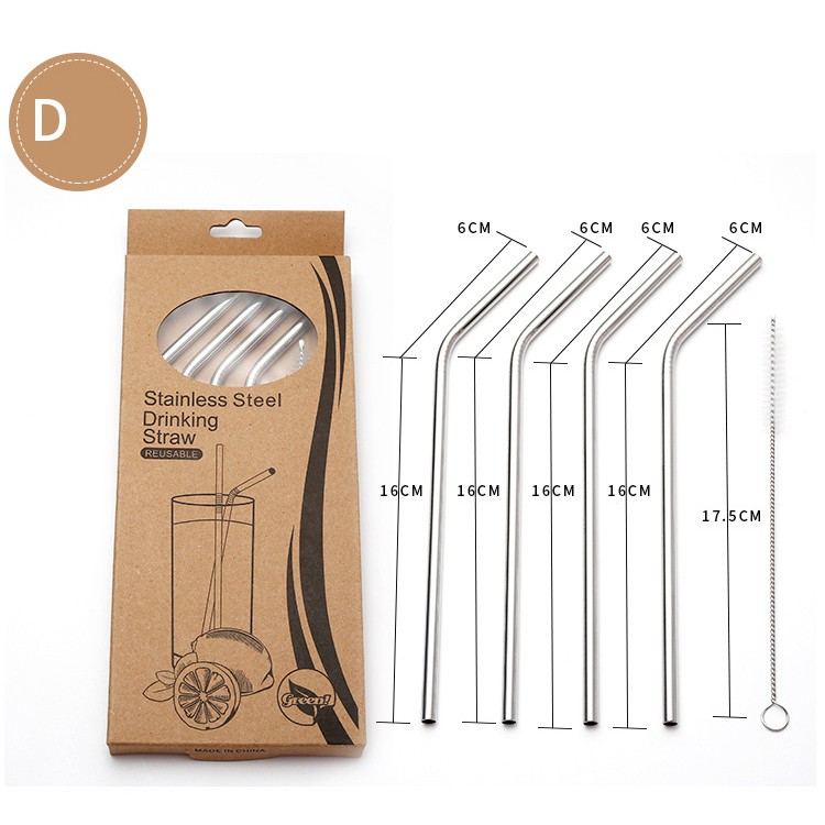 Combo 4 Ống Hút Inox cong ngắn Không Gỉ Tái Sử Dụng Stainless Steel Straws - Thân Thiện Với Môi Trường - Dài 21.5cm