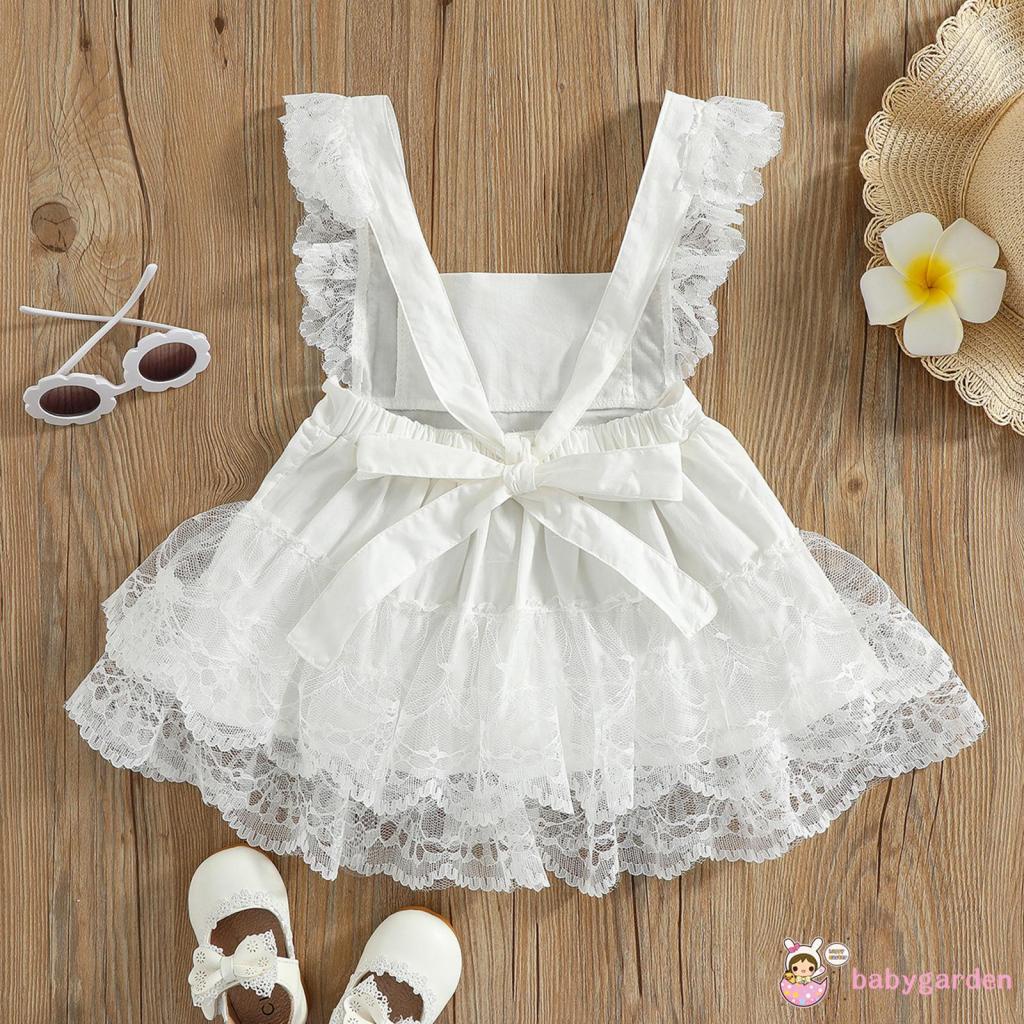 Đầm vải tuyn cổ vuông màu trơn phối ren thời trang cho bé gái 0-3 tuổi