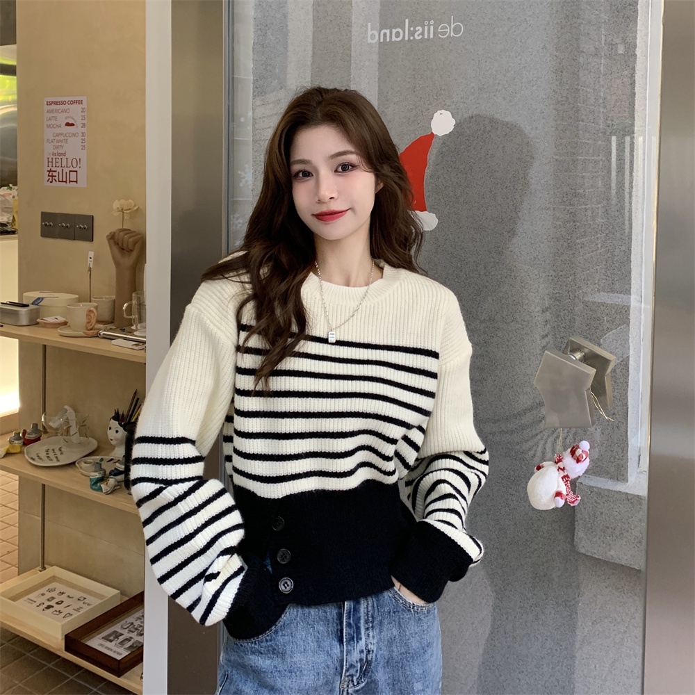 Áo len ZHELIHANGFEI tay dài họa tiết kẻ sọc xẻ tà thời trang cho nữ