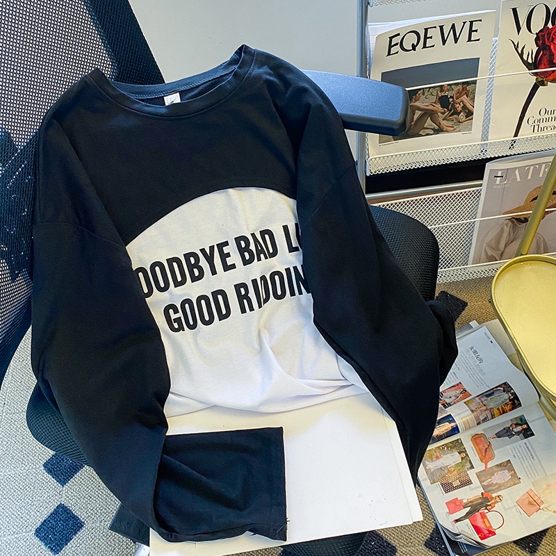 Áo thun ZHELIHANGFEI tay dài dáng rộng giả hai lớp in họa tiết chữ cái dễ phối đồ thời trang trẻ trung dành cho nữ