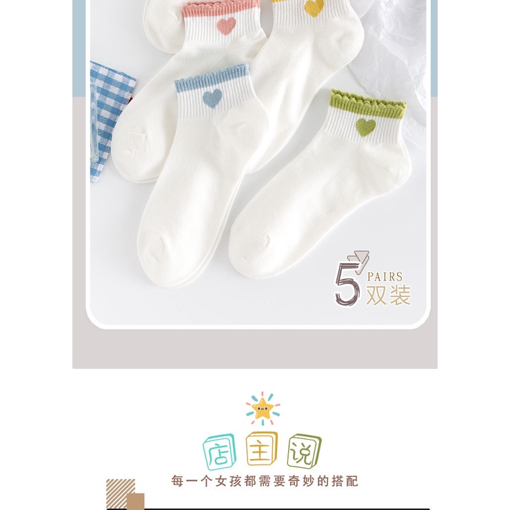 Vớ tất trắng cổ trung hình trái tim viền màu cổ chân