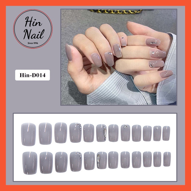 móng tay giả đính đá kèm keo Hin Nail bộ 24 móng giả đính đá màu tím