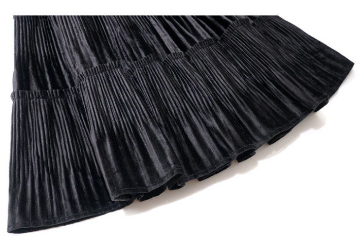 Chân Váy Len Long Gold Velvet Cake Pleated High Waist Thin A-line Skirt