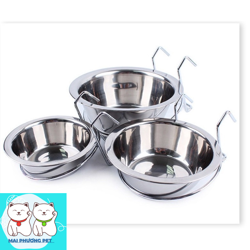 Bát INox treo chuồng 3 size cho chó mèo có giá đỡ