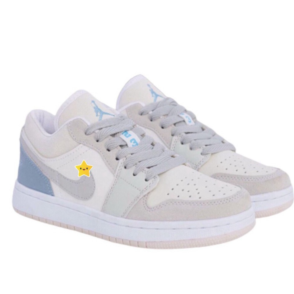 Giày Jordan Trắng Xám JD1 Cổ Thấp Gót Xanh Sneaker Nam Nữ Full Box Bill F12 | BigBuy360 - bigbuy360.vn