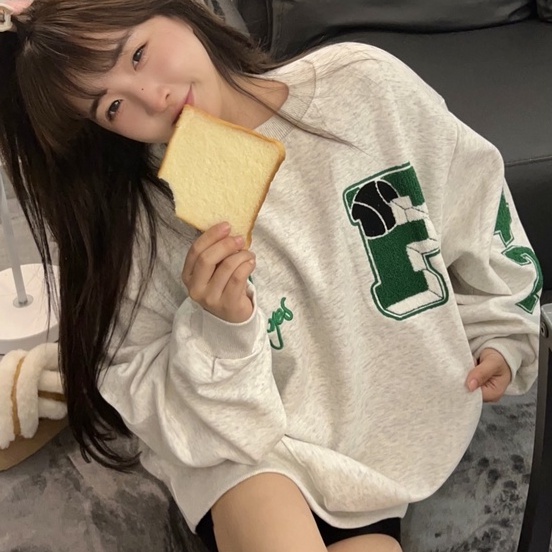 ZHELIHANGFEI Áo Thun Tay Dài Cổ Tròn Với Họa Tiết Thêu Theo Phong Cách Preppy