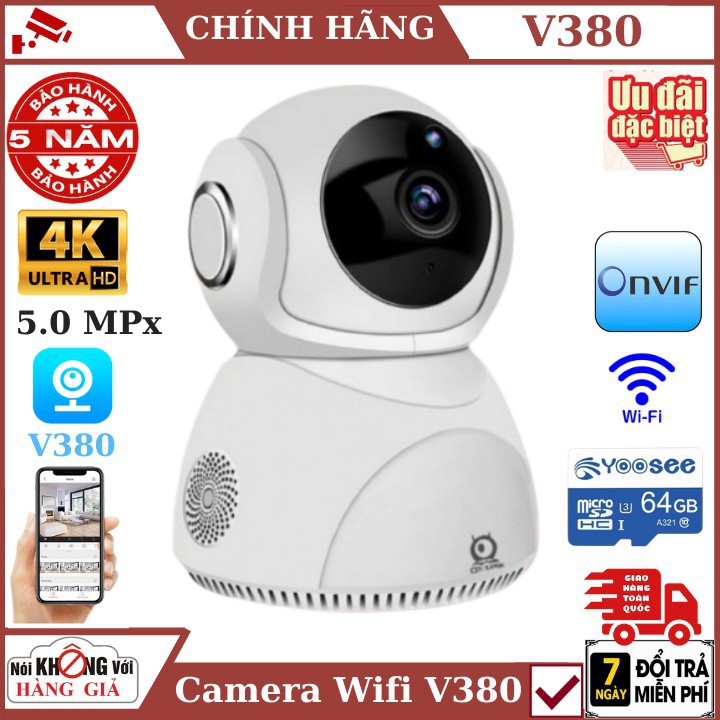 Camera V380 PRO 5.0Mpx Q8HD xoay quay theo chuyển động độ phân giải 2536×1920 kèm thẻ 64GB