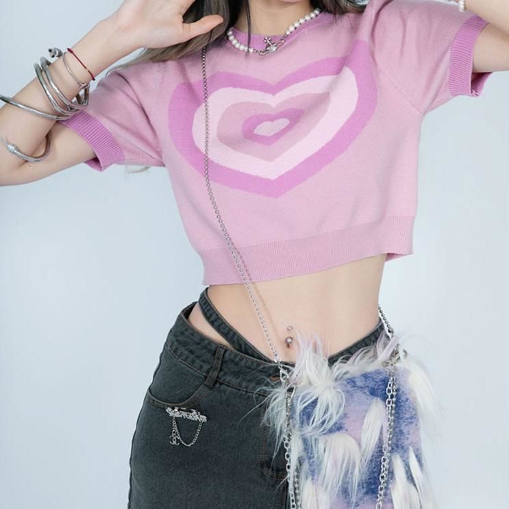 Áo sweater Dệt Kim Tay Ngắn Họa Tiết Trái Tim Thời Trang Mùa Hè Cho Nữ