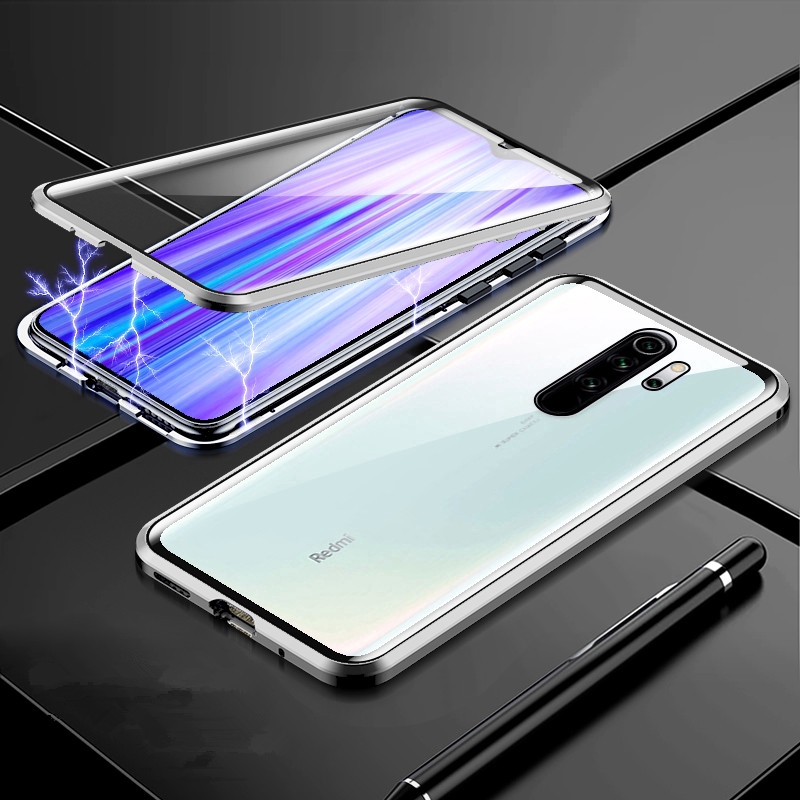 Xiaomi Redmi Note 8 Pro Flip Metal Magnetic Front Back Tempered Glass Back cover Phone Cases Shockproof