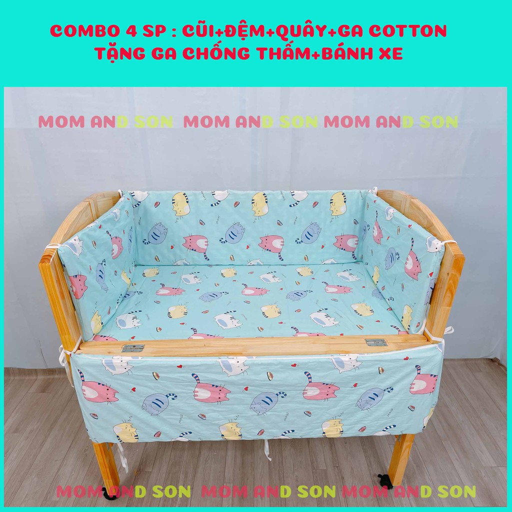 Nôi Cũi Cho Bé Chất Liệu Gỗ Thông Xuất Khẩu Màu Tự Nhiên Kích Thước [110x70x96] MOM AND SON- BH 12 Tháng