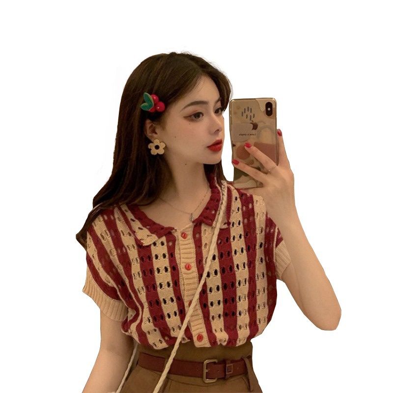 Áo Cardigan Dệt Kim Tay Ngắn Cổ Chữ V Viền Gợn Sóng Phong Cách Hàn Quốc Thời Trang Mùa Hè Cho Nữ