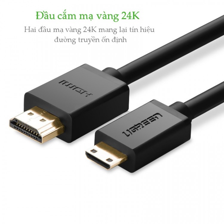 Cáp mini HDMI sang HDMI 1.4 thuần đồng 19+1 UGREEN HD108 10195 dài 1M - Hàng Chính Hãng