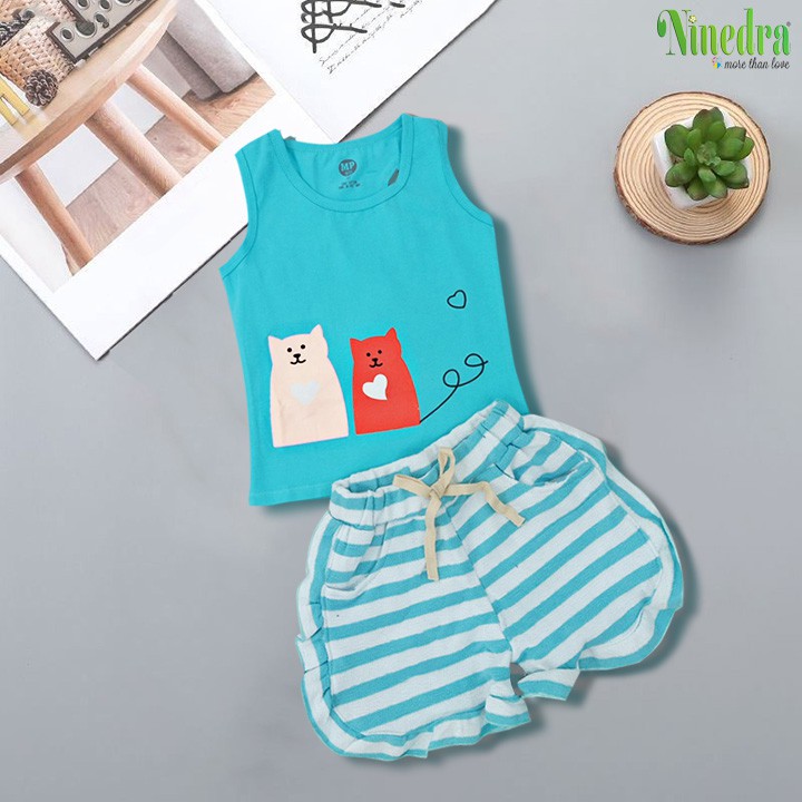Đồ bộ bé gái thun cotton mềm mát in hình chú mèo size nhí từ 10-18kg