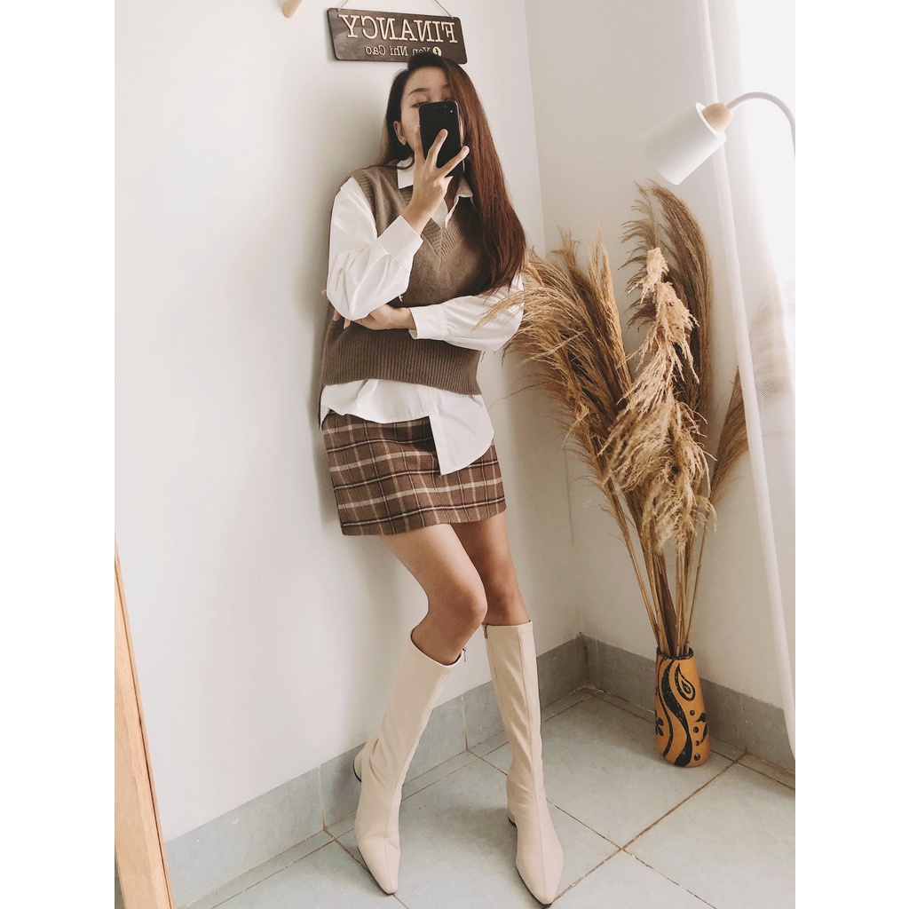 Chân váy chữ A, chân váy nữ dáng ngắn ⚡ HÀNG CAO CẤP ⚡  vải dạ sọc nâu Hàn quốc - V02 | BigBuy360 - bigbuy360.vn