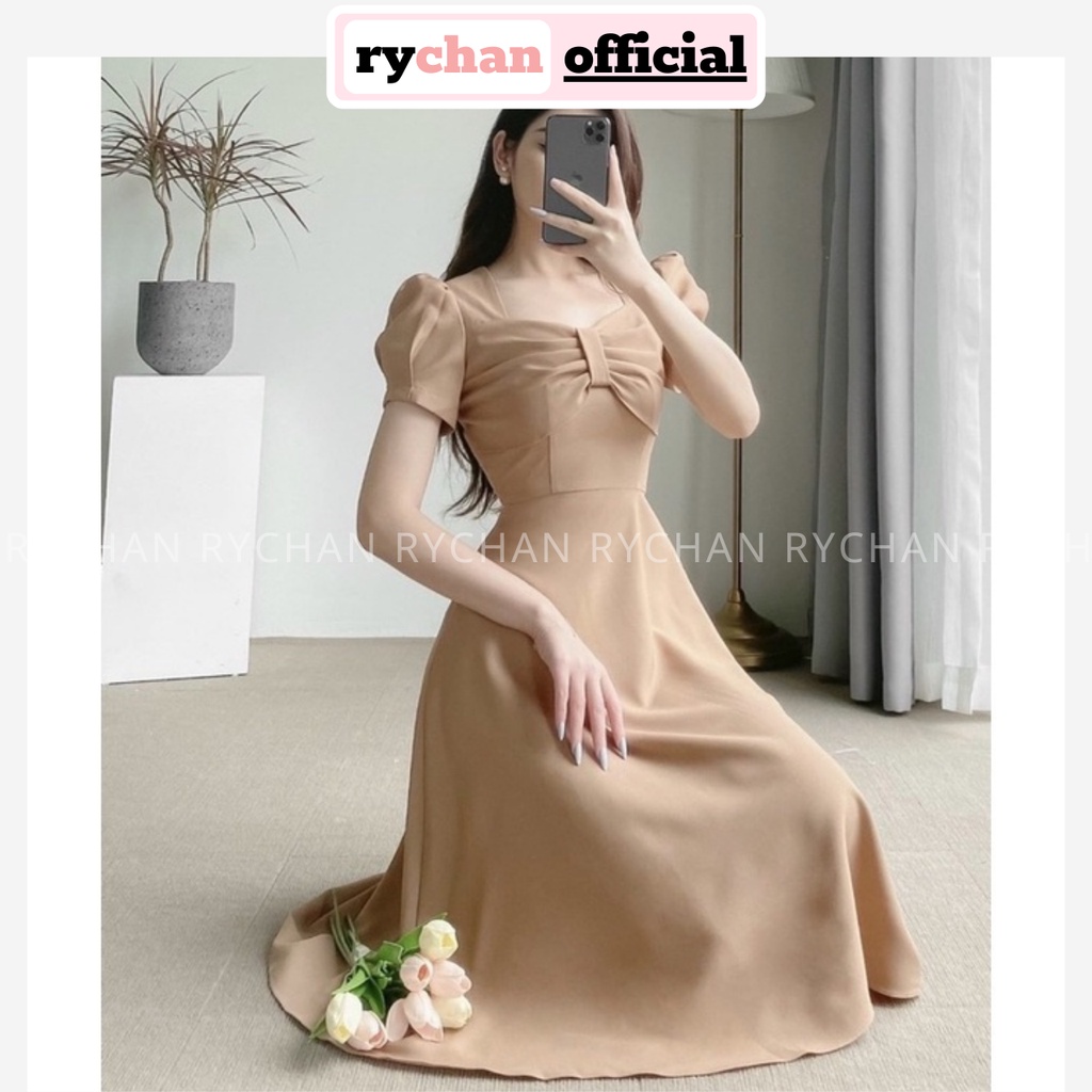 Đầm Váy Nữ Dự Sinh Nhật Cổ Vuông Phối Xếp Li Trước Ngực Dáng Xòe Nhẹ Nhàng Nữ Tính Màu Kem - DX9779