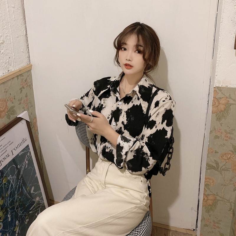 Áo Sơ Mi Nữ Dài Tay Họa Tiết Da Báo Thời Trang retro