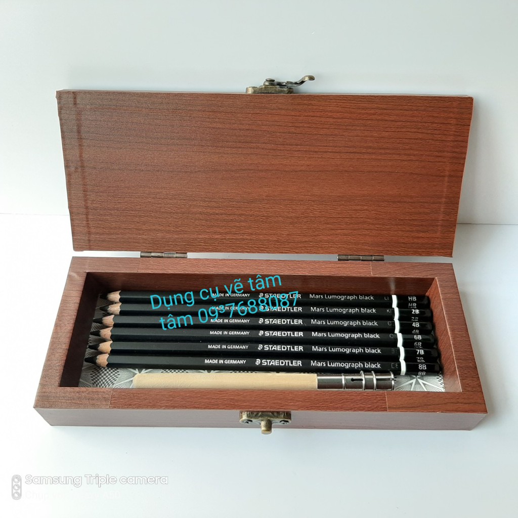 [ TÂM TÂM ]-Chì phác thảo Staedtler than đen Bộ 6 cây kèm nối chì và hộp gỗ-