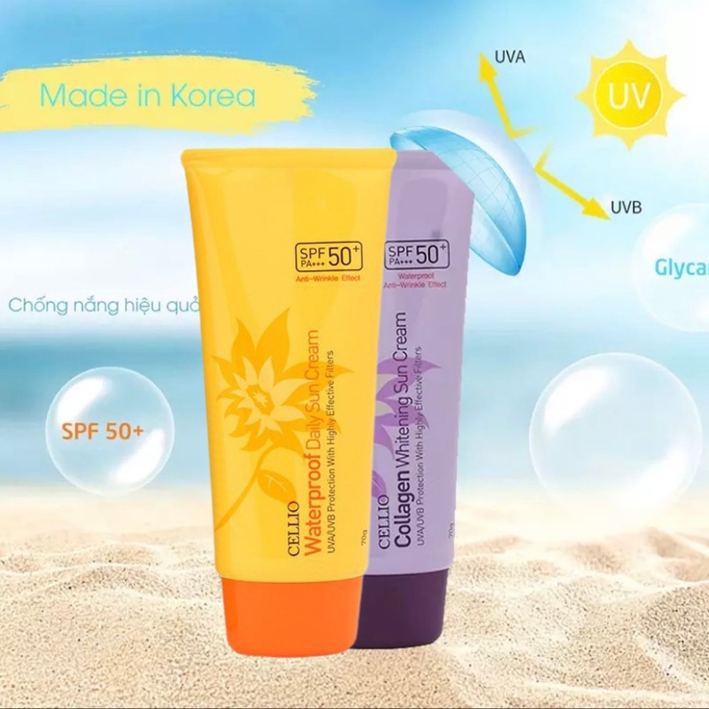 Kem chống nắng Hàn Quốc CELLIO SPF 50 PA+++ 70G . Dưỡng ẩm, trắng da, chống nước. Thành phần tự nhiên mọi loại da CN01