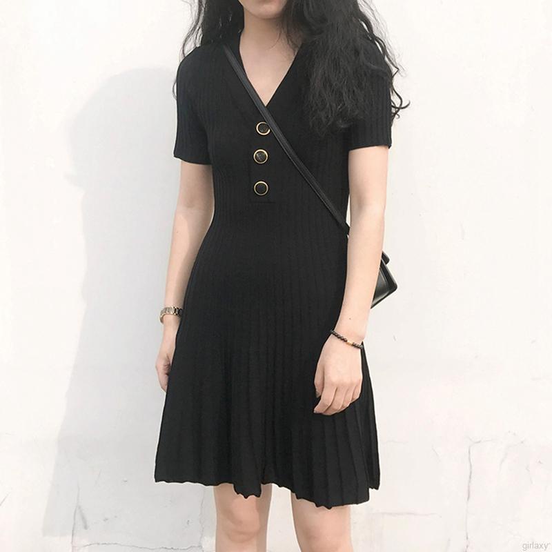 Đầm Dệt Kim Tay Ngắn Cổ Chữ V Màu Sắc Đơn Giản Phong Cách Hàn Quốc Thời Trang Cho Nữ