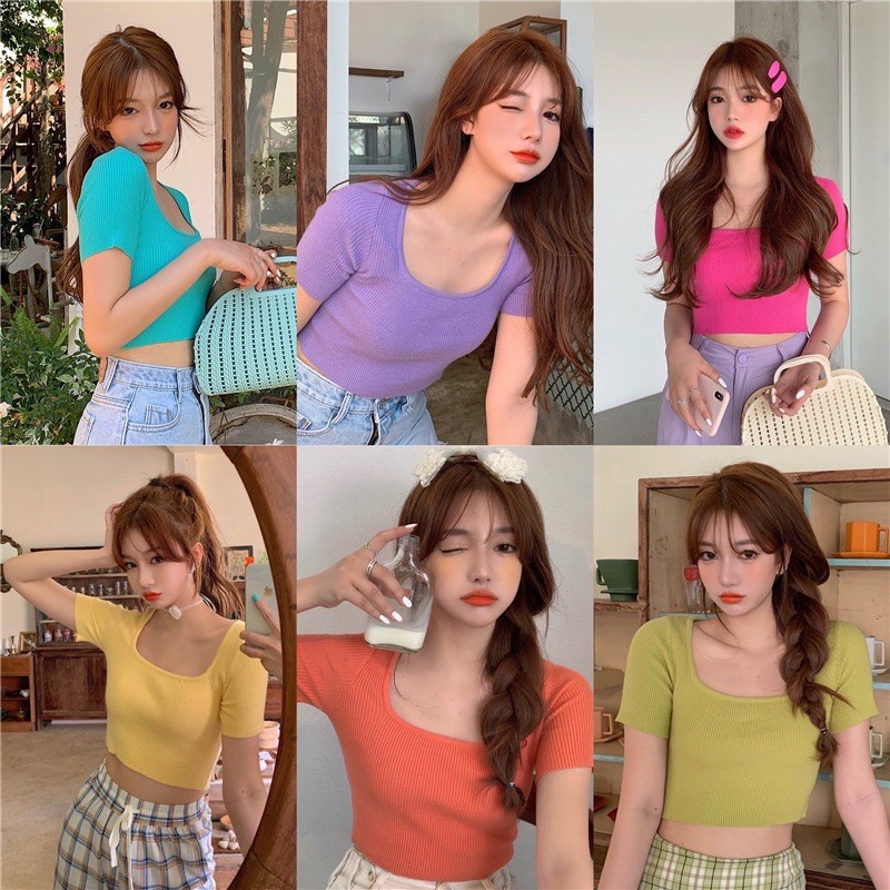 MS042 Áo len tăm croptop cổ vuông