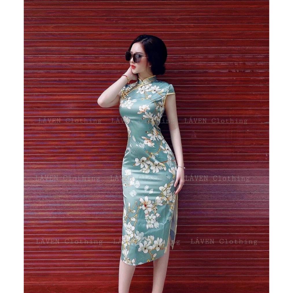 T78 Sườn Xám cổ tàu áo dài Cách Tân Họa Tiết Hoa Phong Cách Trung Hoa Tết du Xuân