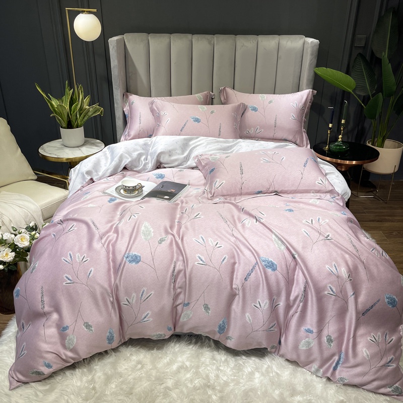 Bộ chăn ga gối 5 món cao cấp 100% Tencel 60s Họa tiết Cây bông lau in kỹ thuật số,chất liệu mềm mát