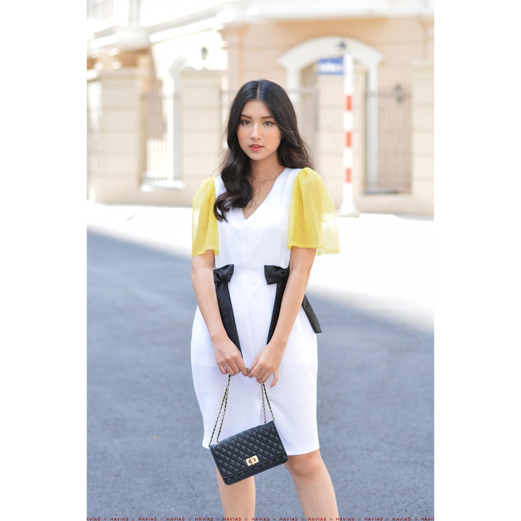 Đầm Yellow Mesh Sleeve Black Bow Rippled White Dress HAVIAS