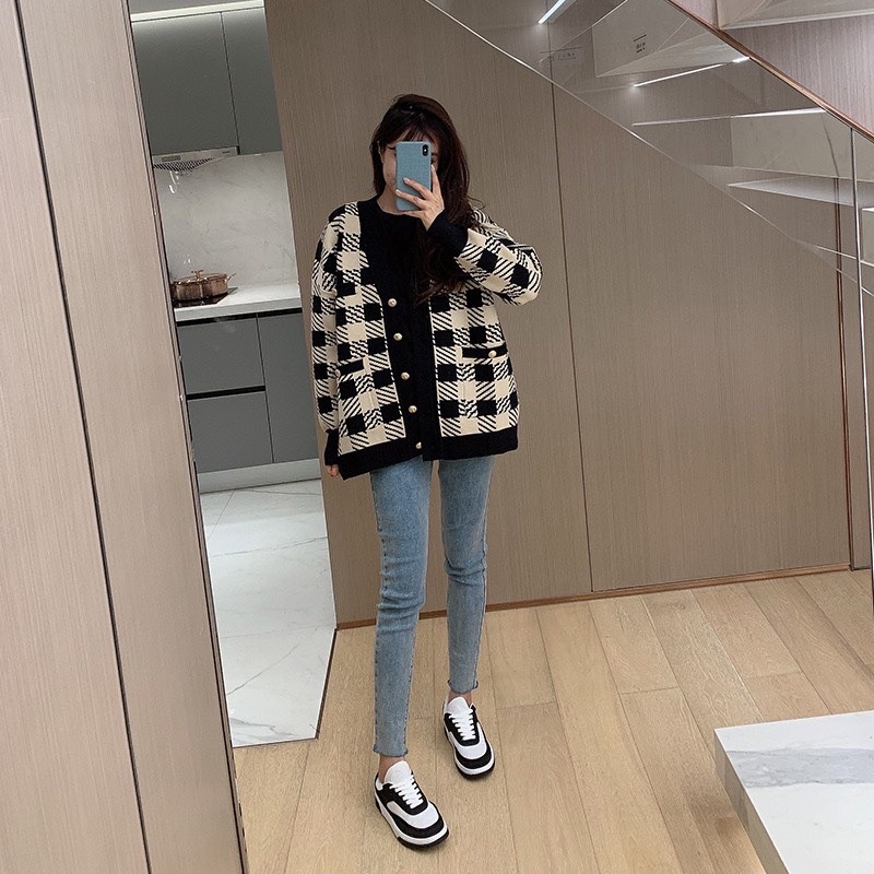 2022/ 111. ÁO KHOÁC NỮ, ÁO KHOÁC LEN BASIC KẺ CARO CARDIGAN DÁNG DÀI HOT HIT