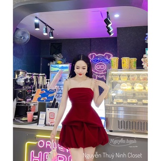 Đầm nhung xếp li ngực dây xích chân phồng